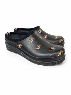 Hunter Original Play Clog Rainbow Print Waterproof Black Garden Mule Shoes US 6